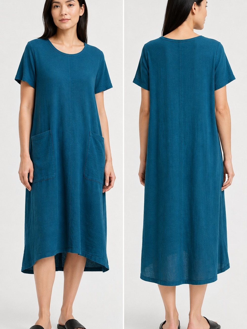 Eileen Fisher Teal Hemp Organic Cotton Pocket Midi Dress M